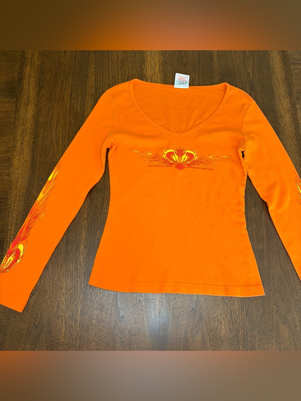 Harley-Davidson Orange Long Sleeve V-Neck Graphic Tee Women’s M Sierra Vista Y2K